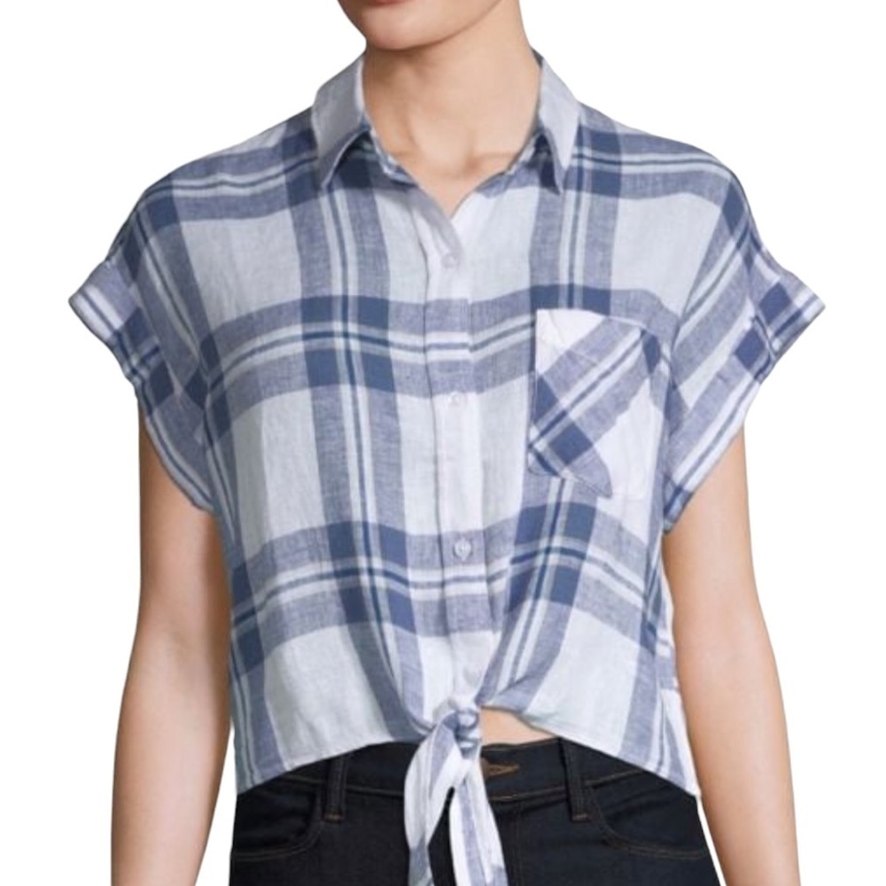 Rails Amelie Lapis Coast White Linen Front Tie Button Down Crop Top
